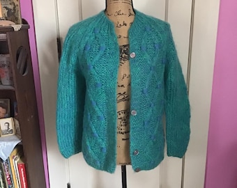 Vintage 1950's 1960's Sweater Button Down Cardigan 2 Tone Color Wool *Hand Knit In Italy* Tagged Size L=Large