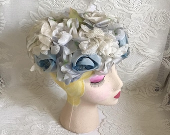 Vintage 1960's Hat Cage Pillbox Style Light Blue And Off White Flowers No Makers Label
