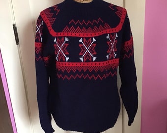 Vintage 1970's Sweater Pullover Ski Sweater Dark Blue Red White *JCPenney* All Acrylic Tagged Size M=Medium Sold As Is!!