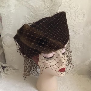 Vintage 1940's Hat RARE Tall Tilt Hat Dark Brown With Genuine Rabbit Fur Thick Veiling Art Deco image 1