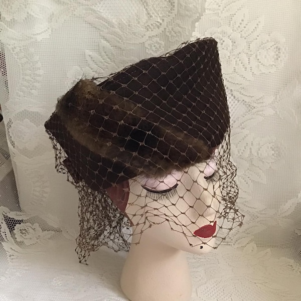Vintage 1940's Hat RARE Tall Tilt Hat Dark Brown With Genuine Rabbit Fur Thick Veiling Art Deco