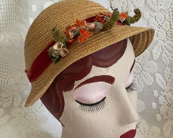Vintage 1950's Hat Little Girls Large Doll Size Straw Adorned With Red Velvet & Flowers