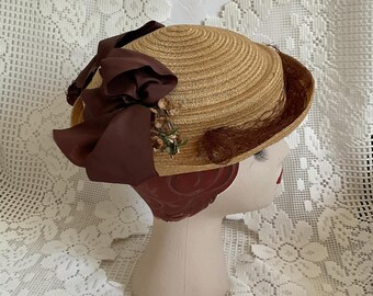 Vintage 1940's 1950's Hat Straw With Brown Ribbons Tiny Flowers Netting Rolled Into Brim Sold As Is!