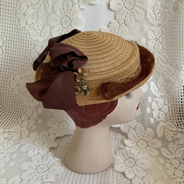 Vintage 1940's 1950's Hat Straw With Brown Ribbons Tiny Flowers Netting Rolled Into Brim Sold As Is!
