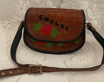 Vintage 1970's Purse Shoulder Bag Hand Bag *SMALL SIZE* Genuine Leather Adorned With A Cartoon Cat & Bird