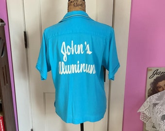 Vintage 1950's Shirt Mens Bowling Light Blue & White *King Louie By Holiday* Tagged Size M=Medium