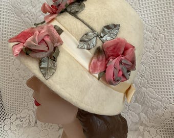 Vintage 1960's 1970s Hat Off White Wool Felt Cloche Adorned With Pink Velvet  Fabric Rose Flowers *Distinction Fashion Guild Originality* l