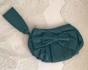 Vintage 1980's Clutch Bag Purse Dark Teal Faux/Fake Leather Double Bow Adorns Front Zipper Closure Hand Strap