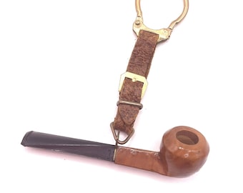 Vintage 1950's 1960's Key Chain Miniature Empty Smoking Pipe On Leather Strap & Key Loop Tobacciana Collectible