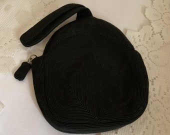 Vintage 1940's Handbag Purse Unmarked *Corde'* Black Fabric With Loop Handle Zipper Closure Fully Lined