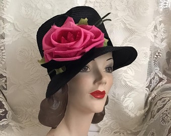 Vintage 50s Rose Hat Pink Black Woven Straw Round Pillbox Charmer Vintage 50s Rose Hat Pink Black Woven Straw Round Pillbox  main image 3