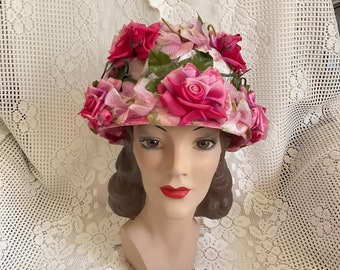 Vintage 1950's 1960's Hat Bucket Style Dark & Light Pink Roses With Petals Leaves Stems