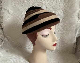 Vintage 1960's Hat Conical Shape Black Tan Brown Swirls Of Velvet *Betmar* Label