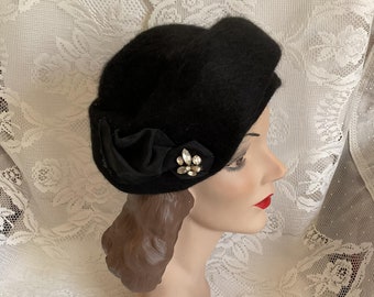 Vintage 1950's Hat Dark Black Fuzzy Felt Adorned With Ribbon & Rhinestones *Favorette Fashion*