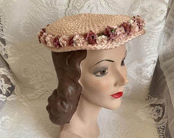 Vintage 1950's 1960's Hat Dusty Pink Cellophane Straw Adorned With Flowers *Rose Paulson Milwaukee*