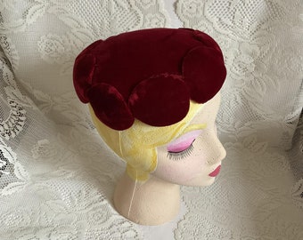 Vintage 1950's Hat Pillbox Burgundy-Maroon Color Velvet No Makers Label Or Tag Has Condition Issues Sold AS IS!!