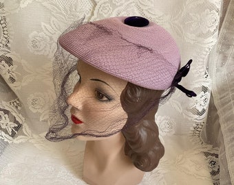 Vintage 1950's Hat Lavender Straw With Purple Facial Veiling And Purple Velvet Trims *Bryant*