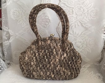 vintage années 1960 Sac à main Sac à main Cellophane Paille/Raffia Gris Et Beige Clair *Gabrielle* Fabriqué Expressément Pour Gimbels