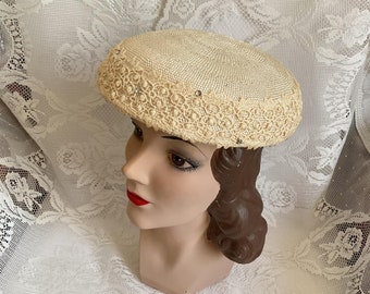 Vintage 1950's Hat Pillbox Light Cream Color Adorned With Applique And Rhinestones *Hats By Eddi* Boston Store Milwaukee Sold As Is!!