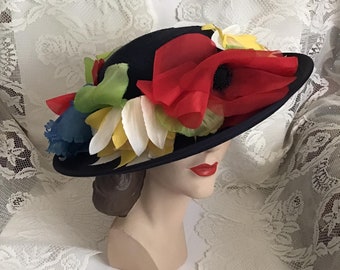 Vintage 1940's 1950's Hat Dark Blue Straw Large Brim With Removable Floral Ringlet *H.C.PRANGE Co. Millinery*