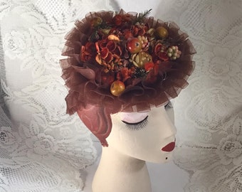 Vintage 1940's Hat Dark Copper Color Ruffles With Autumn Color Fruit Flowers Greens *Martha Todd* Newark