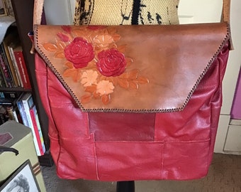 Vintage 1970's Shoulder Bag Crossbody Purse Handmade & Hand Tooled Dark Red Genuine Leather Roses On Flap Sold As Is!