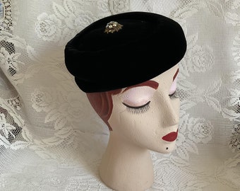 Vintage 1950's 1960's Hat Pillbox Black Velvet Adorned With Rhinestones *Walter King* SOLD AS IS!
