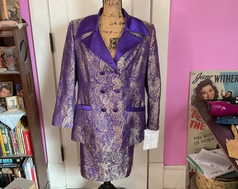Vintage 1990's Blazer & Skirt 2 Piece Set *Stella Louise For KB* Deadstock Retains Original Tag Purple W/ Metallic Gold Color Tag Size 14W