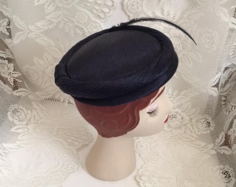 Vintage 1950's Hat Deep Blue Tightly Woven Straw Adorned With Single Genuine Feather