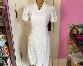 Vintage 1940's 1950's Uniform Nurses/Lab Technician White Sanforized Cotton *Whitehouse* Brand See Description For Measurements