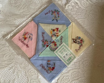 Vintage 1970's 1980's Hankie Handkerchiefs Cotton Deadstock Group Of 7 Days Of The Week