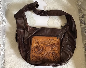 Vintage 1980's Purse Shoulder Bag Genuine Brown Leather & Hand Tooled Leather Made In Mexico SOLD AS IS!!
