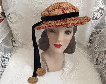 Romantic 1940s Straw Hat Pearl Heart Velvet Trim Perch 