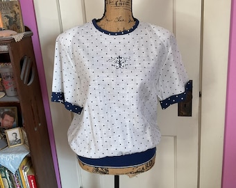 Vintage 1980's Blouse Top White & Dark Blue Polka Dot *The American Collection* Elastic Waist