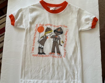 Vintage 1970's T Shirt (LITTLE GIRL'S SIZE) *Girl Scouts/Brownies* White With Orange & Brown Tagged Size Small