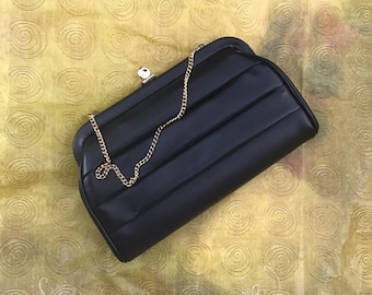 Vintage 1960's Clutch Bag Purse With Chain Handle That Tucks Inside Black Faux/Fake Leather Sold As Is!