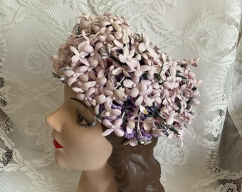 Vintage 1950's 1960's Hat Lavender Woven Straw Adorned With Flowers No Makers Label