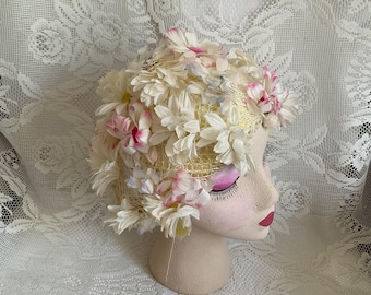 Vintage 1960's Hat Unique Hair Net Daisy Flowers/Floral Unknown Maker