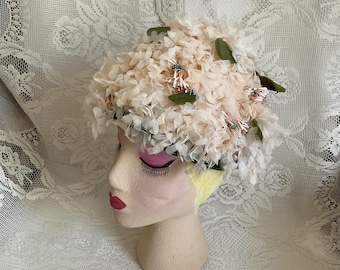 Vintage 1950's 1960's Hat Light Pink Floral *Noreen Fashion* Green Velvet Trim Around Hat
