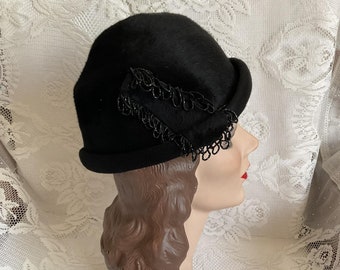 Vintage 1960's Hat Black Felt Adorned With Black Glass Beads *Jan Leslie Custom Design*