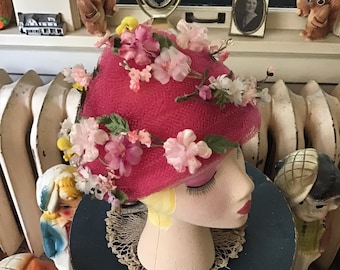 Vintage 1960's Hat Bright Pink Tulle Swirled Around The Hat Adorned With Flowers *Jackwill Originals*