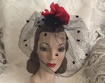 Vintage 1950's 1960's Headpiece Red Rose With Black Veiling Adorned With Rhinestones & Chenille Tufts *Saks Fifth Avenue Made In Italy*