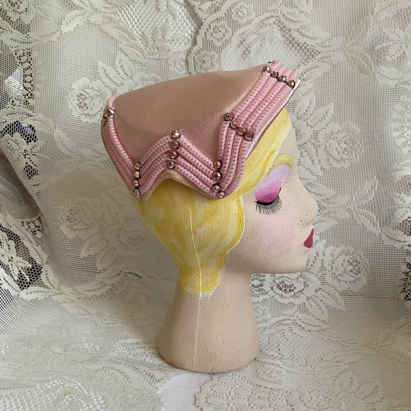 Vintage 1950's Hat Pink Hat With Rose Gold COLOR Beads No Makers Label Or Tag