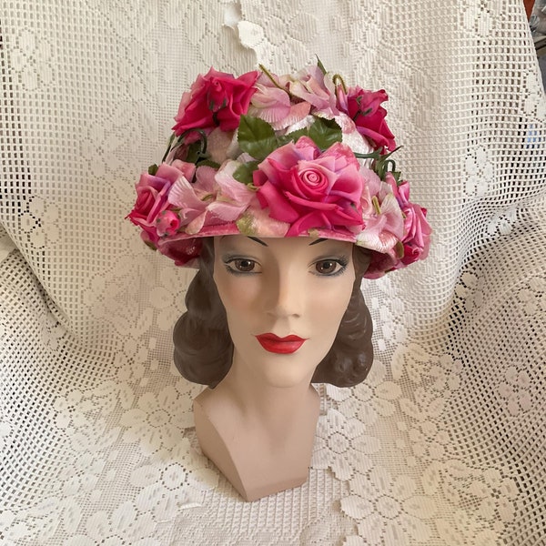 Vintage 1950's 1960's Hat Bucket Style Dark & Light Pink Roses With Petals Leaves Stems