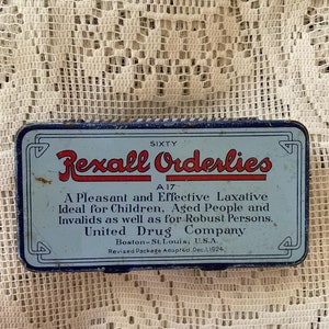 Vintage 1920&#39;s Tin EMPTY Collectible *Rexall Orderlies* Pharmacy Memorabilia