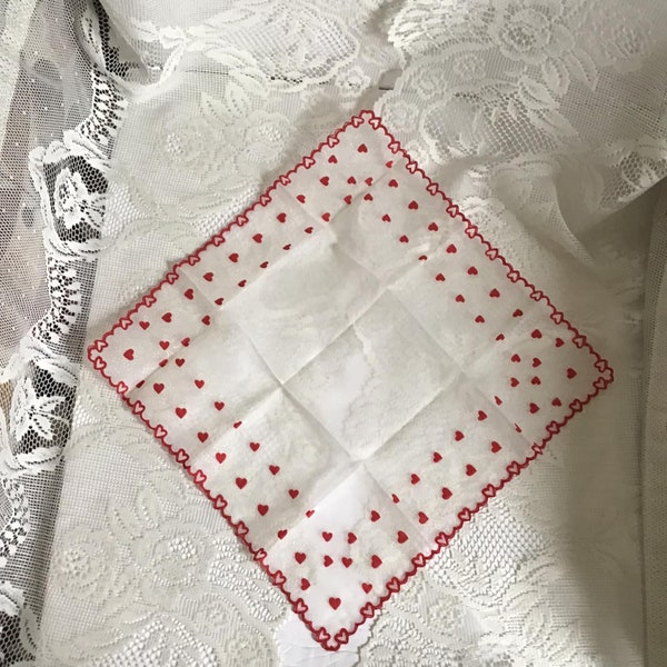 Vintage 1960's Handkerchief Hanky *Valentines Day Hearts* Theme Square Shape Hearts Are Flocked/Fuzzy