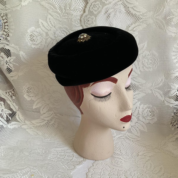 Vintage 1950's 1960's Hat Pillbox Black Velvet Adorned With Rhinestones *Walter King* SOLD AS IS!