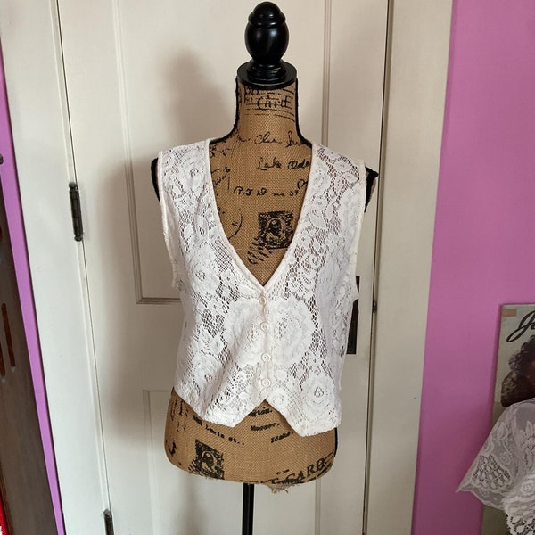 Vintage 1980's 1990's Vest Off White Sheer/See Thru Lace Look Front *Via B'Way* Tagged Size Medium