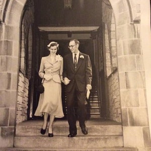 Vintage 1940s 1950s Photograph Picture Wedding Couple Coming Out Of Church Collectible Paper Ephemera Art Craft Scrapbooking image 1