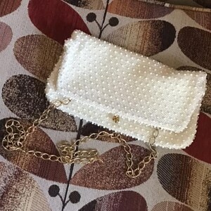 Vintage 1960's Handbag Shoulder Bag Purse White Bag With White & Clear Caviar Beads Gold COLOR Chain Bridal Wedding Evening Bag Sold As Is!